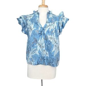 Jennifer & Grace Ruffled Floral Tie Front Blue and White Blouse Size Large